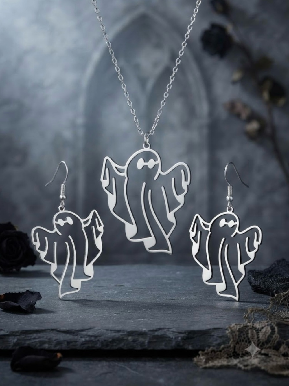 Hand Crafted Silver Ghost Pendant Necklace and Earrings Set
